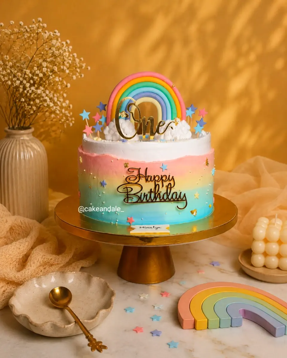 Pastel rainbow ombre first birthday cake with a fondant rainbow, stars and gold Happy Birthday topper